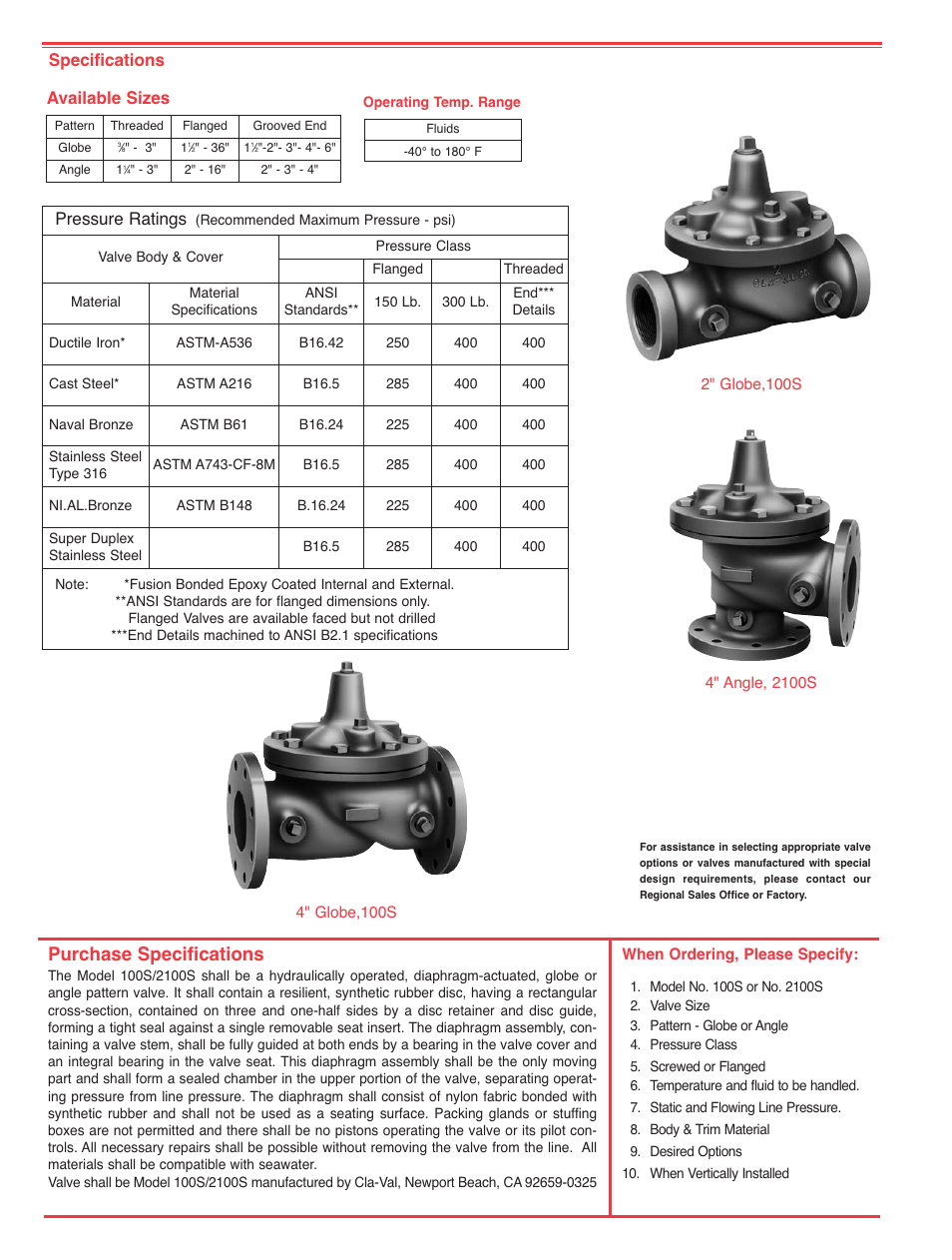 Purchase specifications, Specifications, Available sizes | Pressure ratings | Cla-Val 90-42 User Manual | Page 8 / 28