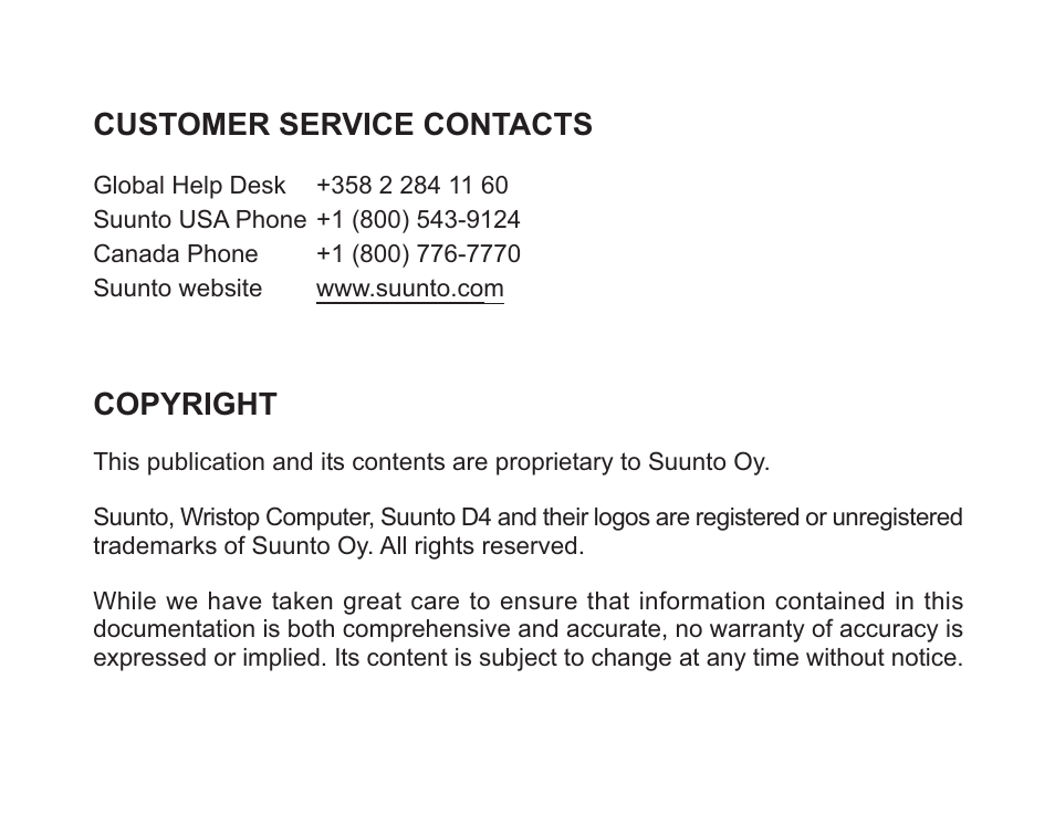 Customer service contacts, Copyright | SUUNTO D4 User Manual | Page 105 / 106