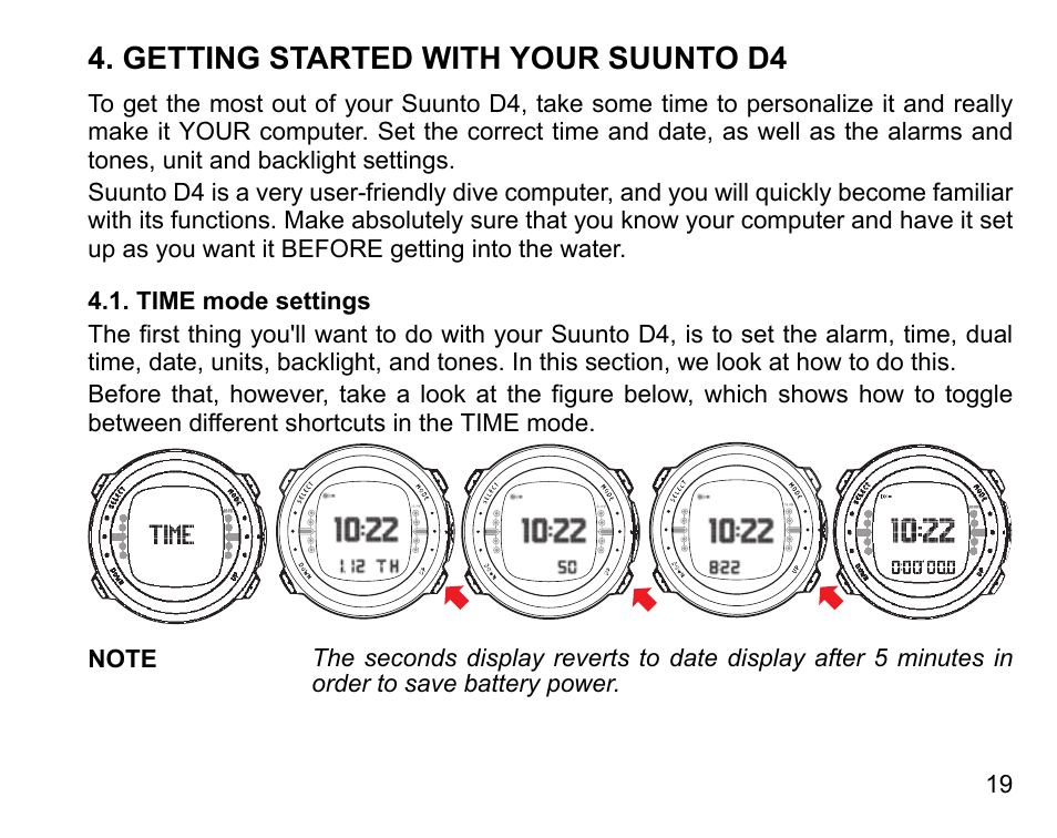 Getting started with your suunto d4, Time mode settings | SUUNTO D4 User Manual | Page 18 / 106