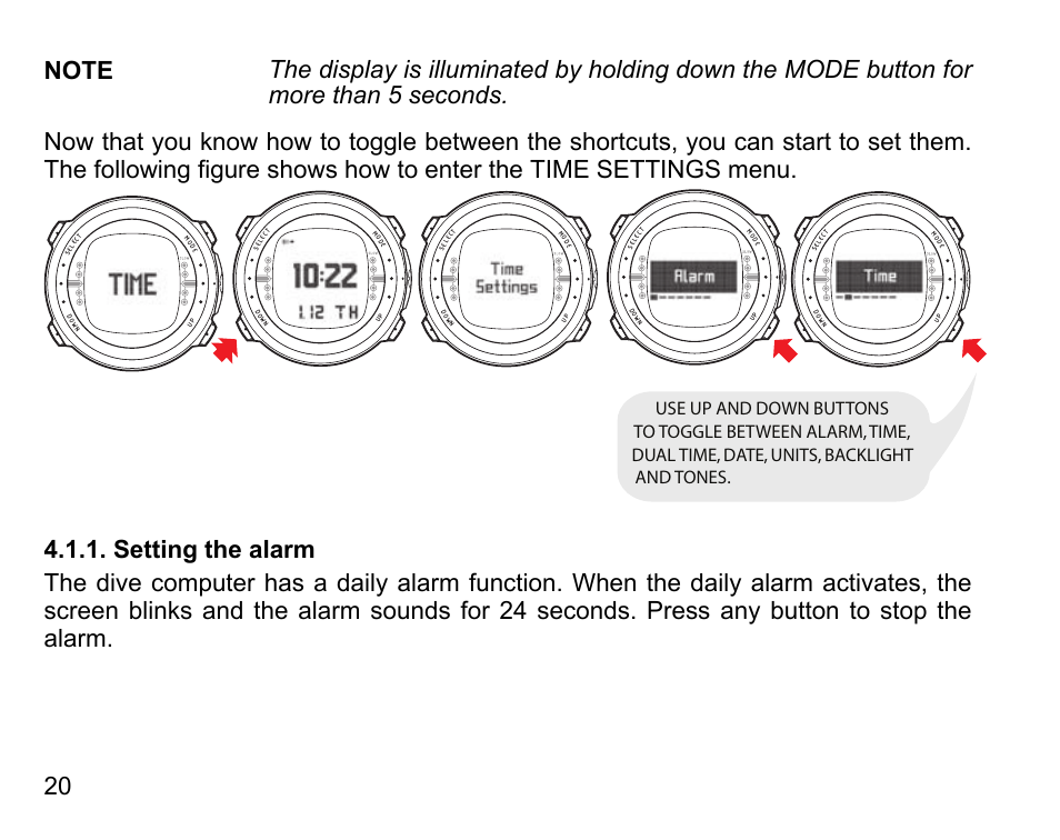 Setting the alarm | SUUNTO D4 User Manual | Page 19 / 106