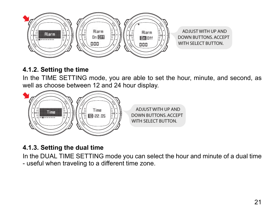 Setting the time, Setting the dual time, 21 4.1.3. setting the dual time | SUUNTO D4 User Manual | Page 20 / 106
