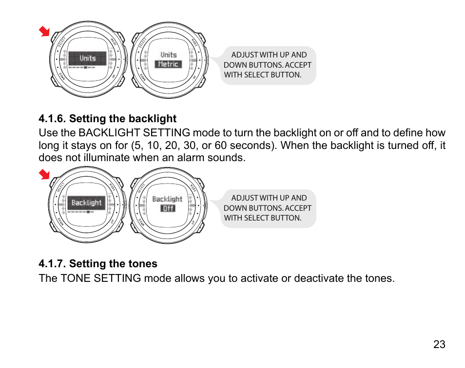 Setting the backlight, Setting the tones, 23 4.1.7. setting the tones | SUUNTO D4 User Manual | Page 22 / 106