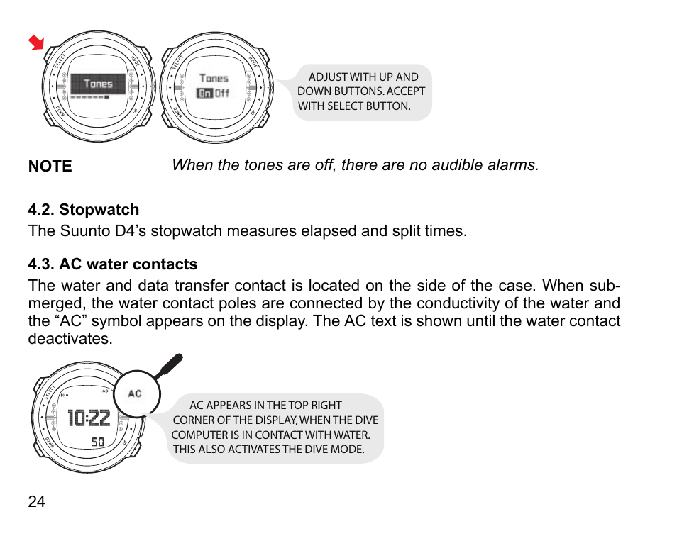 Stopwatch, Ac water contacts, 24 4.3. ac water contacts | SUUNTO D4 User Manual | Page 23 / 106