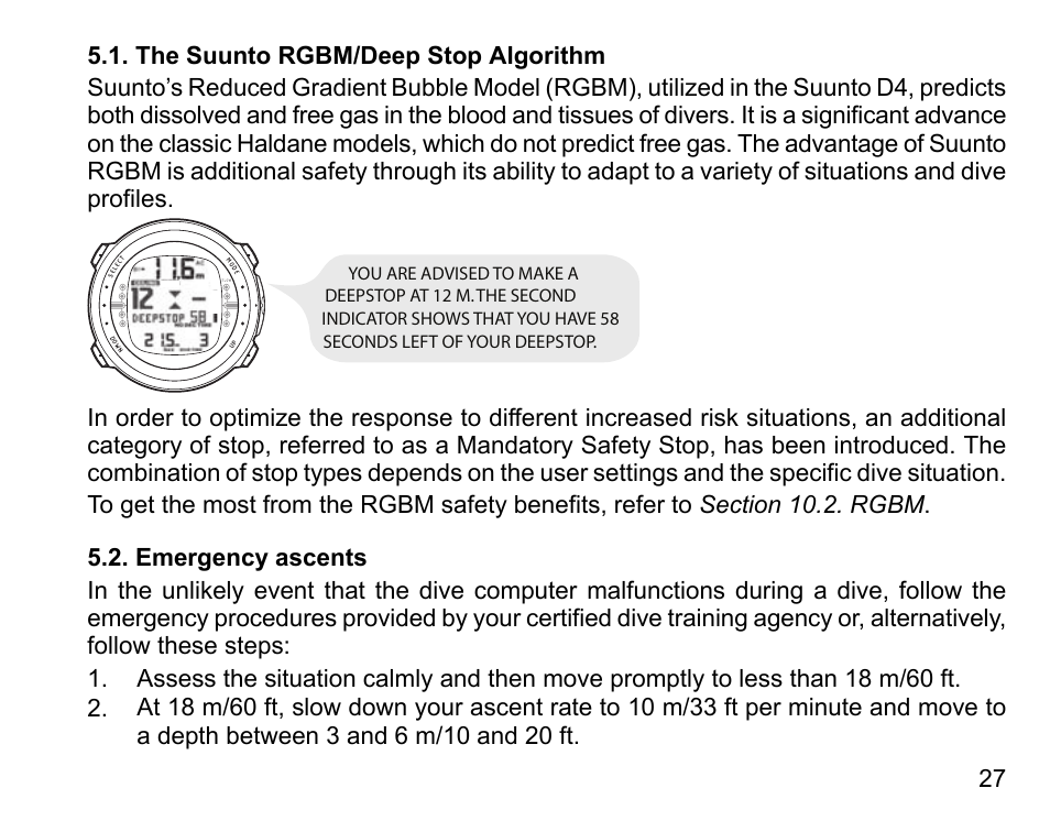 The suunto rgbm/deep stop algorithm, Emergency ascents, 27 5.2. emergency ascents | SUUNTO D4 User Manual | Page 26 / 106