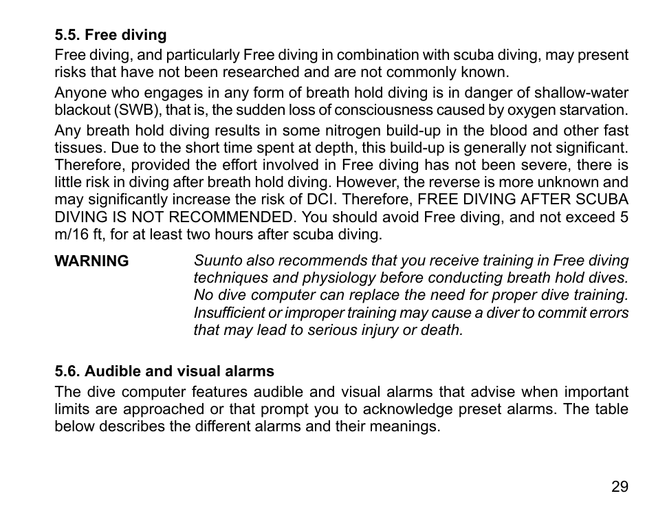 Free diving, Audible and visual alarms, 29 5.6. audible and visual alarms | SUUNTO D4 User Manual | Page 28 / 106