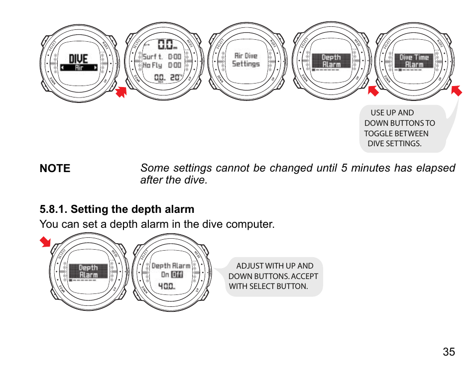 Setting the depth alarm | SUUNTO D4 User Manual | Page 34 / 106