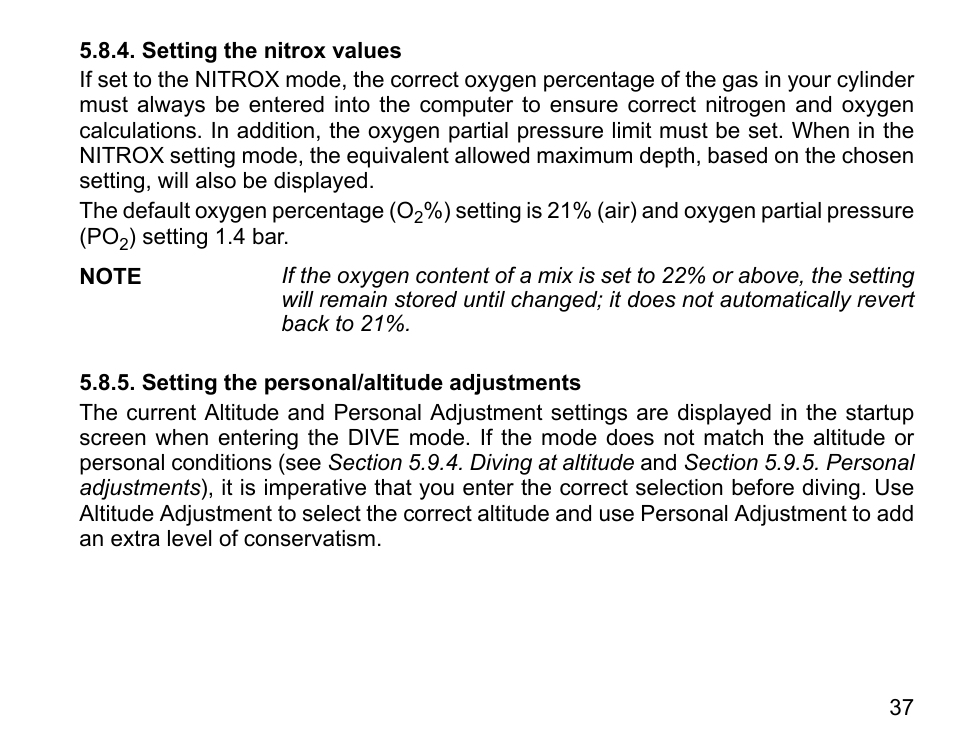 Setting the nitrox values, Setting the personal/altitude adjustments | SUUNTO D4 User Manual | Page 36 / 106