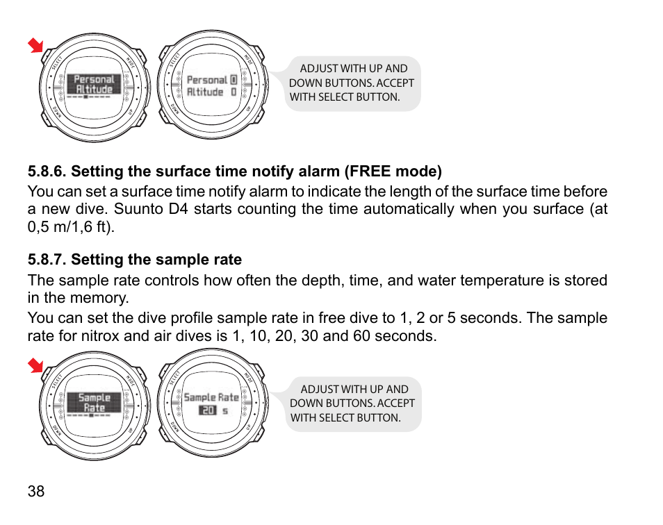 Setting the surface time notify alarm (free mode), Setting the sample rate, 38 5.8.7. setting the sample rate | SUUNTO D4 User Manual | Page 37 / 106