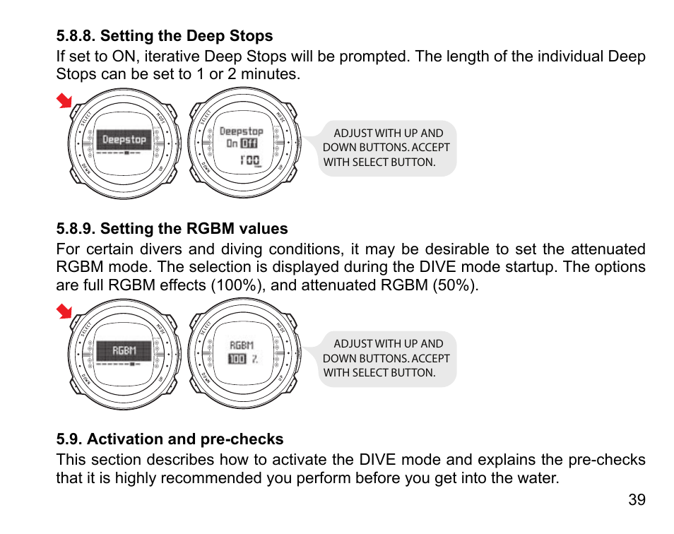 Setting the deep stops, Setting the rgbm values, Activation and pre-checks | 39 5.8.9. setting the rgbm values | SUUNTO D4 User Manual | Page 38 / 106