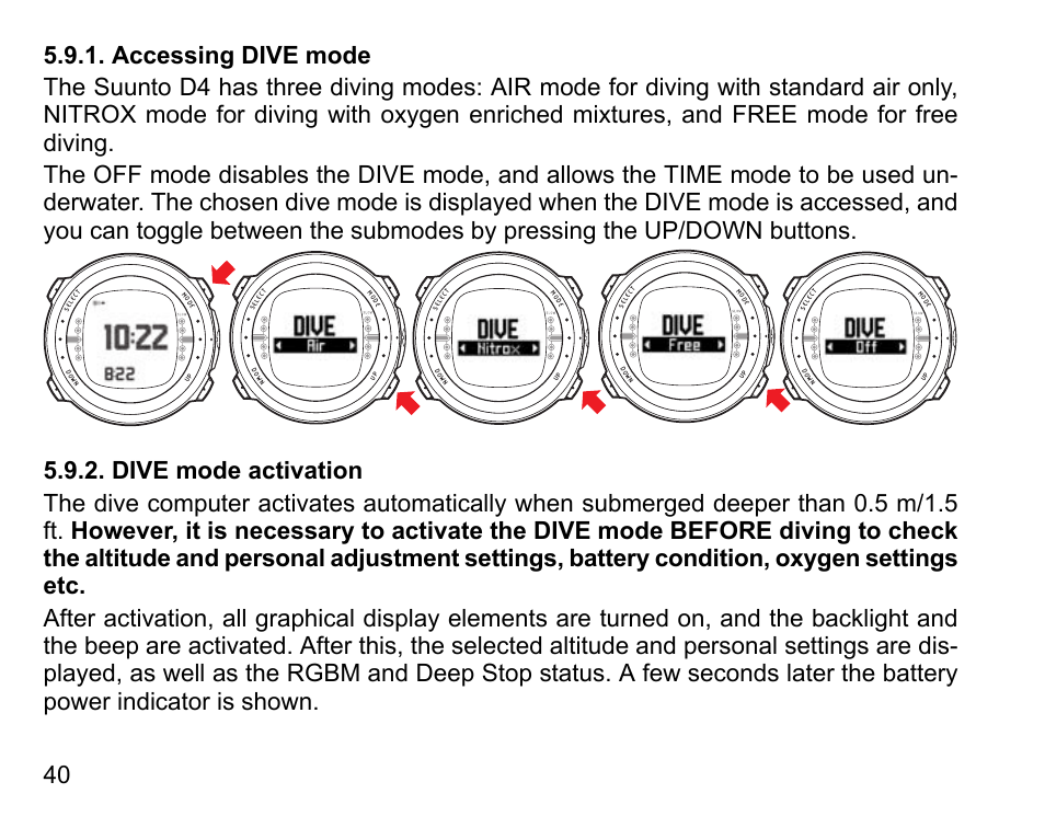 Accessing dive mode, Dive mode activation, 40 5.9.2. dive mode activation | SUUNTO D4 User Manual | Page 39 / 106