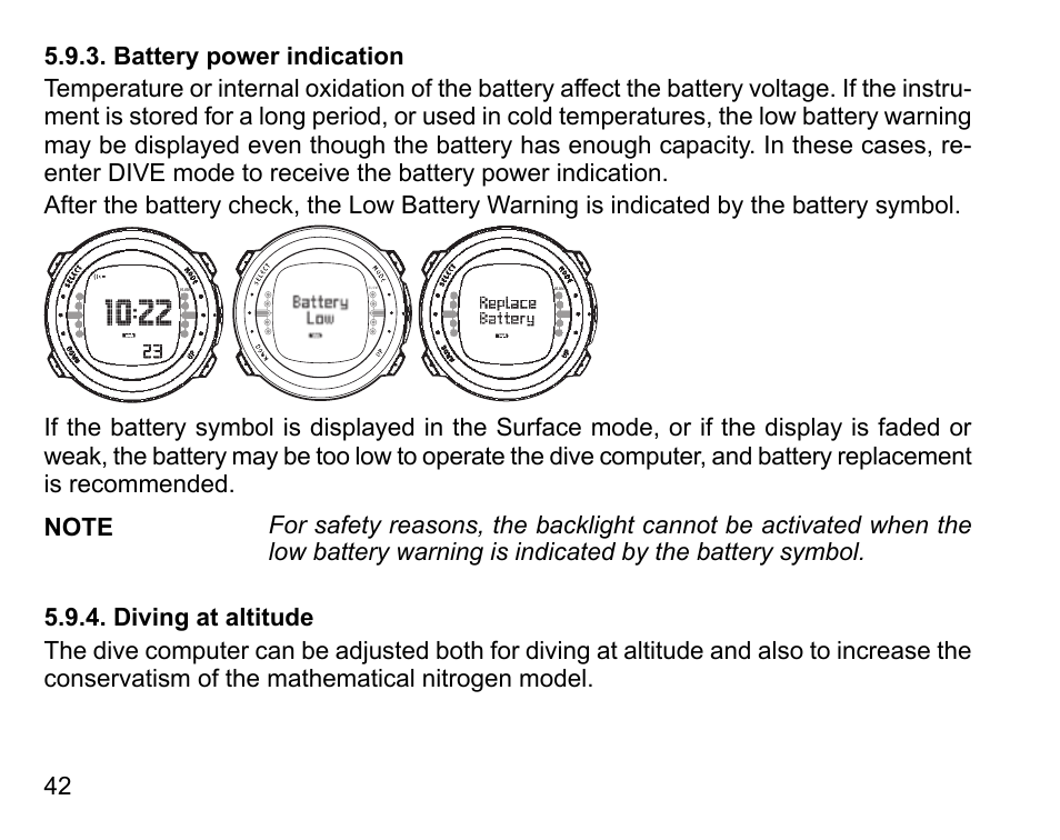 Battery power indication, Diving at altitude, 42 5.9.4. diving at altitude | SUUNTO D4 User Manual | Page 41 / 106