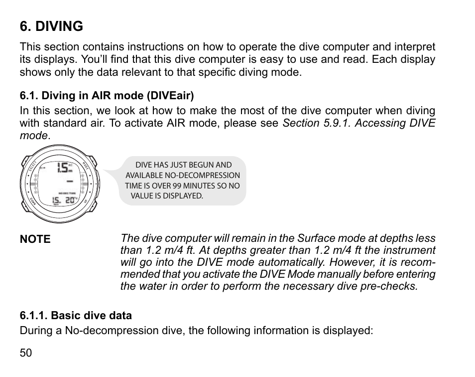 Diving, Diving in air mode (diveair), Basic dive data | SUUNTO D4 User Manual | Page 49 / 106