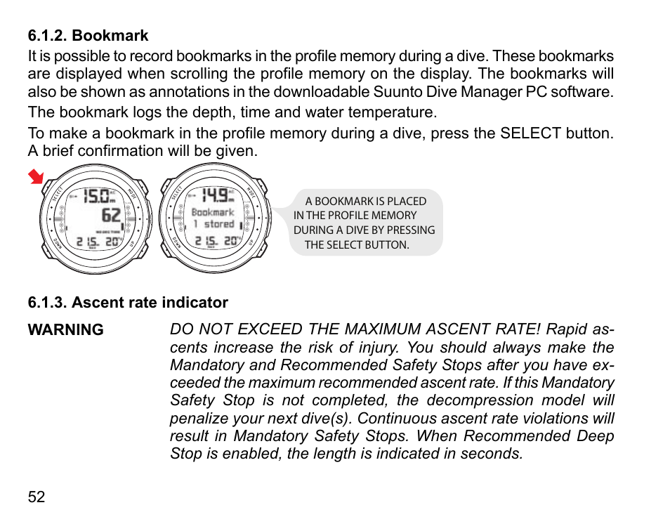 Bookmark, Ascent rate indicator | SUUNTO D4 User Manual | Page 51 / 106