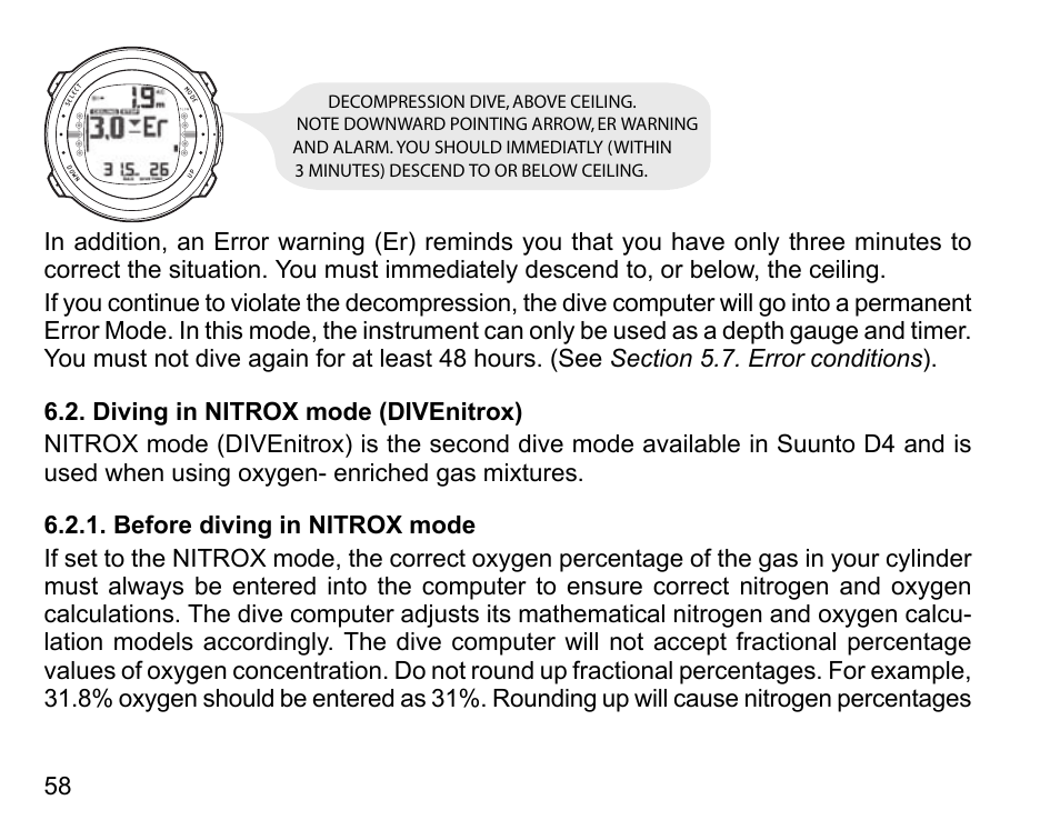 Diving in nitrox mode (divenitrox), Before diving in nitrox mode | SUUNTO D4 User Manual | Page 57 / 106