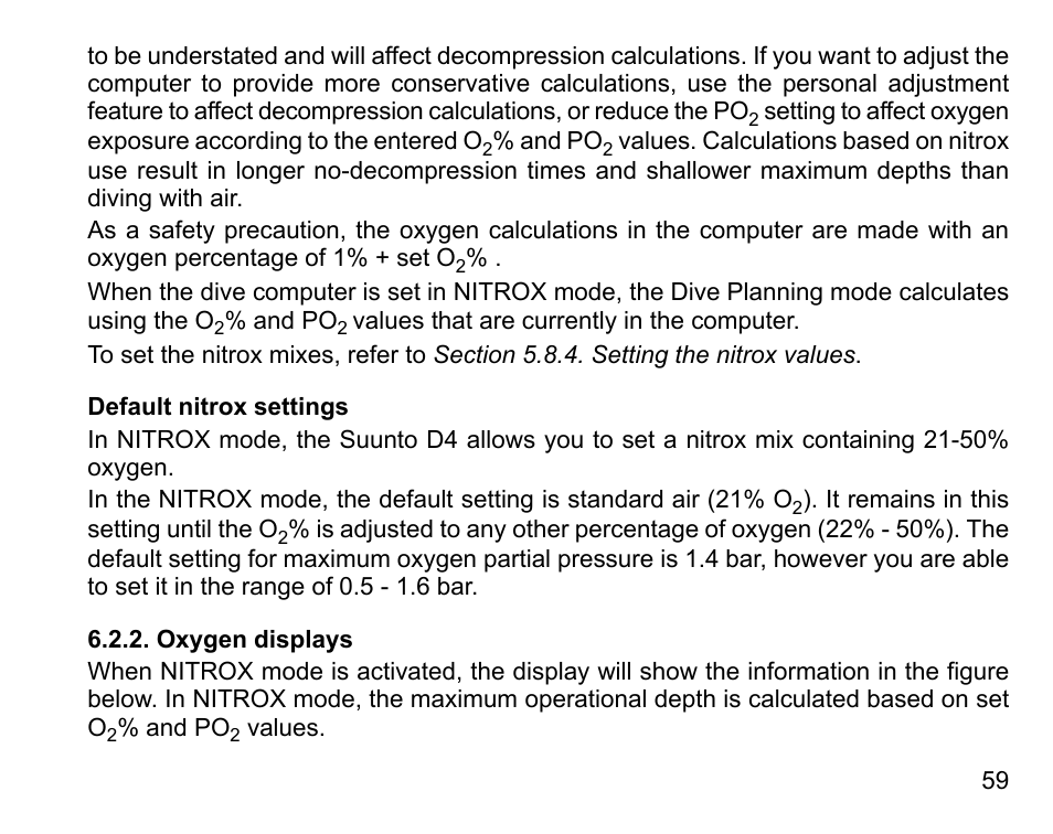 Default nitrox settings, Oxygen displays | SUUNTO D4 User Manual | Page 58 / 106