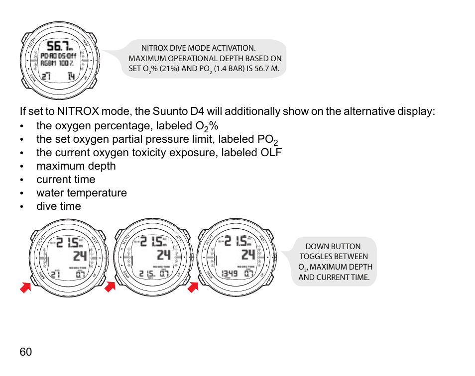 The set oxygen partial pressure limit, labeled po, 21%) and po, 4 bar) is 56.7 m | Down button toggles between o, Maximum depth and current time | SUUNTO D4 User Manual | Page 59 / 106
