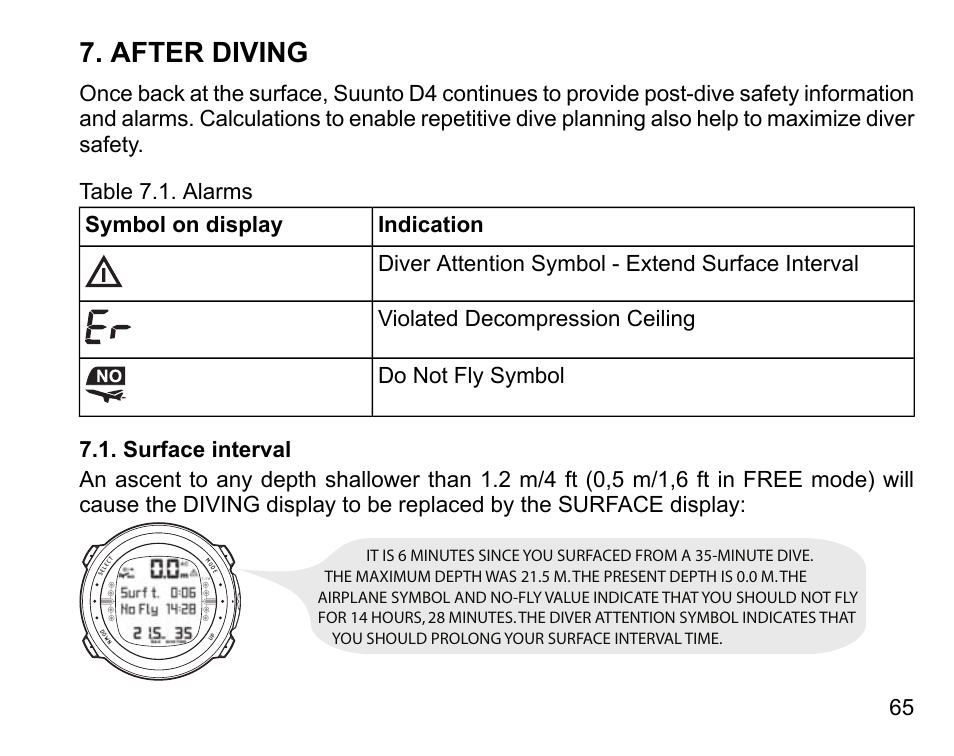 After diving, Surface interval | SUUNTO D4 User Manual | Page 64 / 106