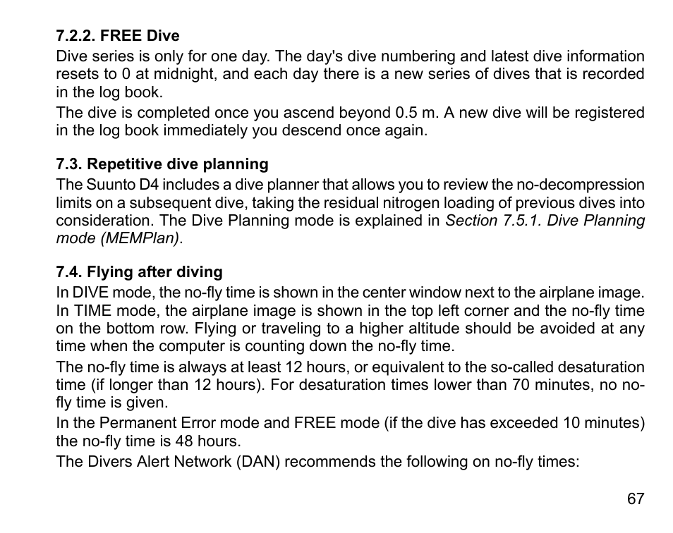 Free dive, Repetitive dive planning, Flying after diving | 67 7.4. flying after diving | SUUNTO D4 User Manual | Page 66 / 106