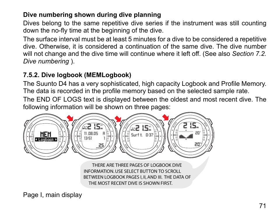 Dive numbering shown during dive planning, Dive logbook (memlogbook), Page i, main display 71 | SUUNTO D4 User Manual | Page 70 / 106