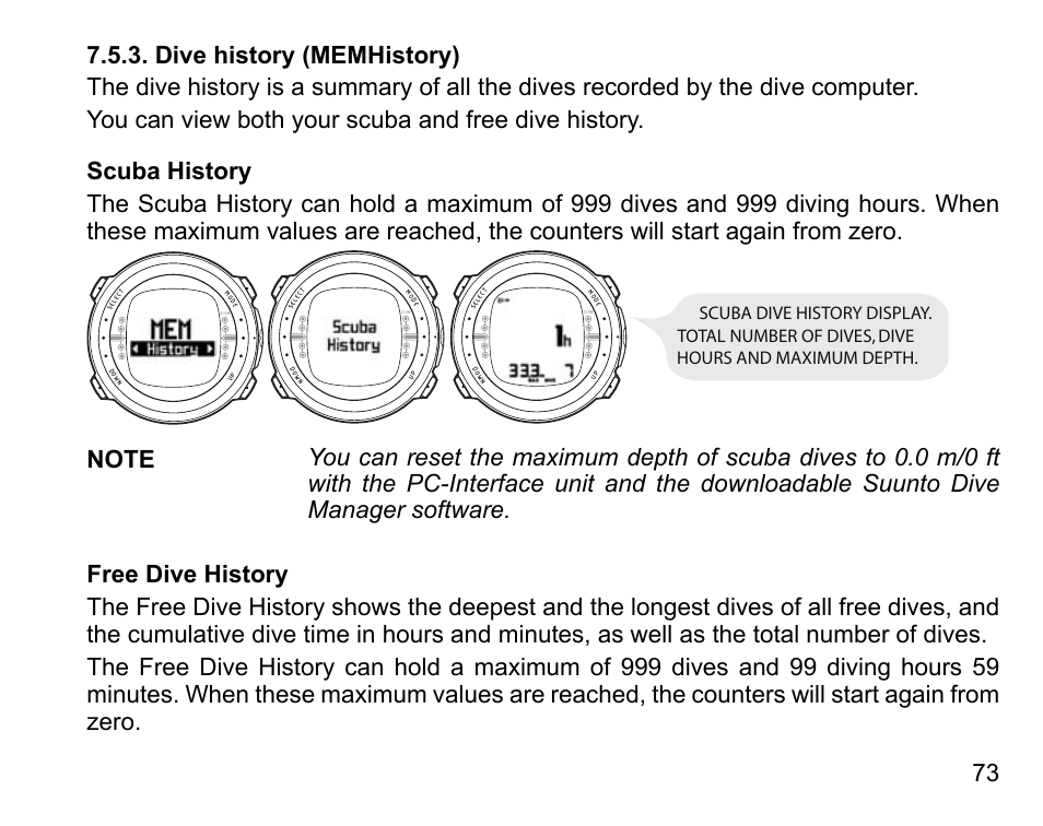 Dive history (memhistory), Scuba history, Free dive history | SUUNTO D4 User Manual | Page 72 / 106