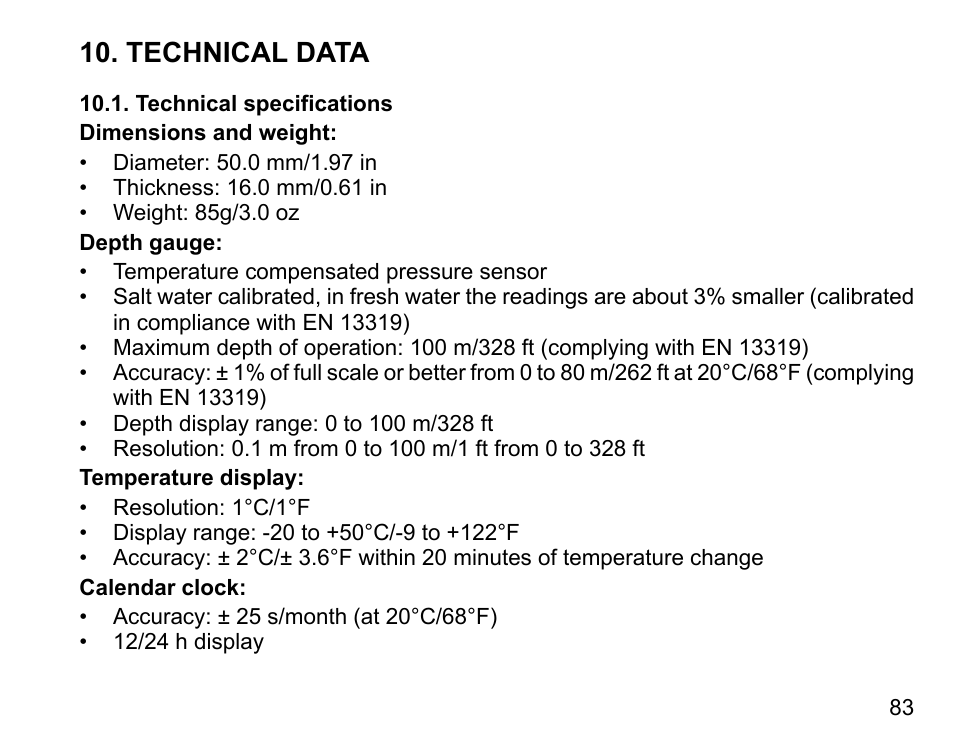 Technical data, Technical specifications | SUUNTO D4 User Manual | Page 82 / 106