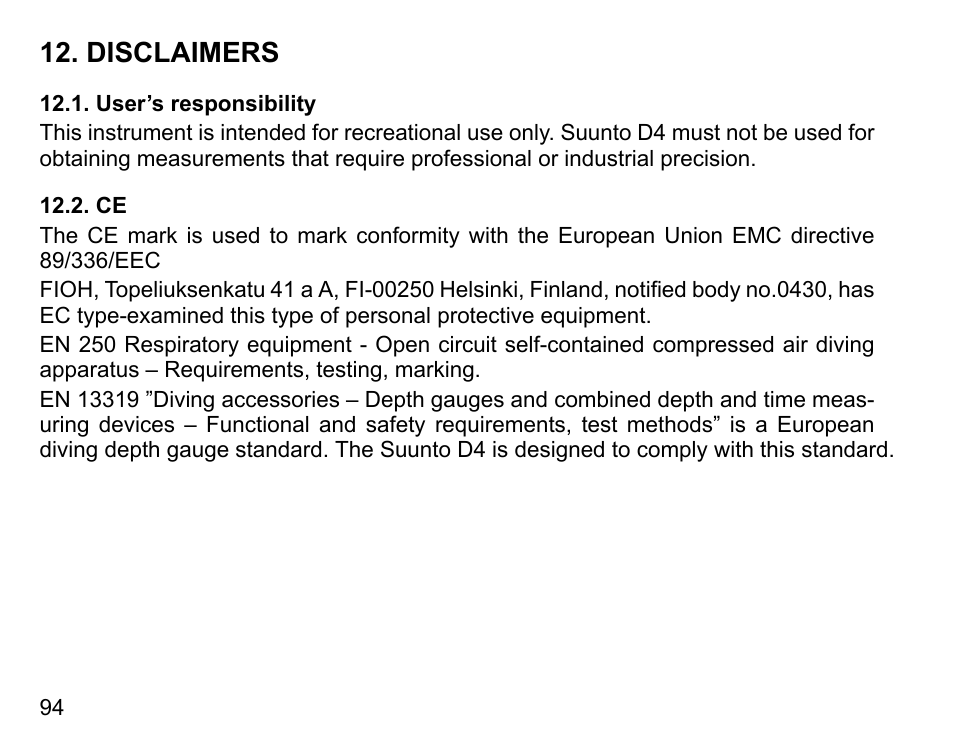 Disclaimers, User’s responsibility, 94 12.2. ce | SUUNTO D4 User Manual | Page 93 / 106