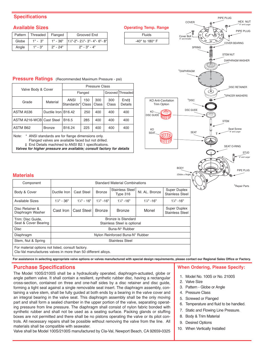 Purchase specifications, Specifications, Available sizes | Materials, Pressure ratings, When ordering, please specify | Cla-Val 2100S User Manual | Page 2 / 4