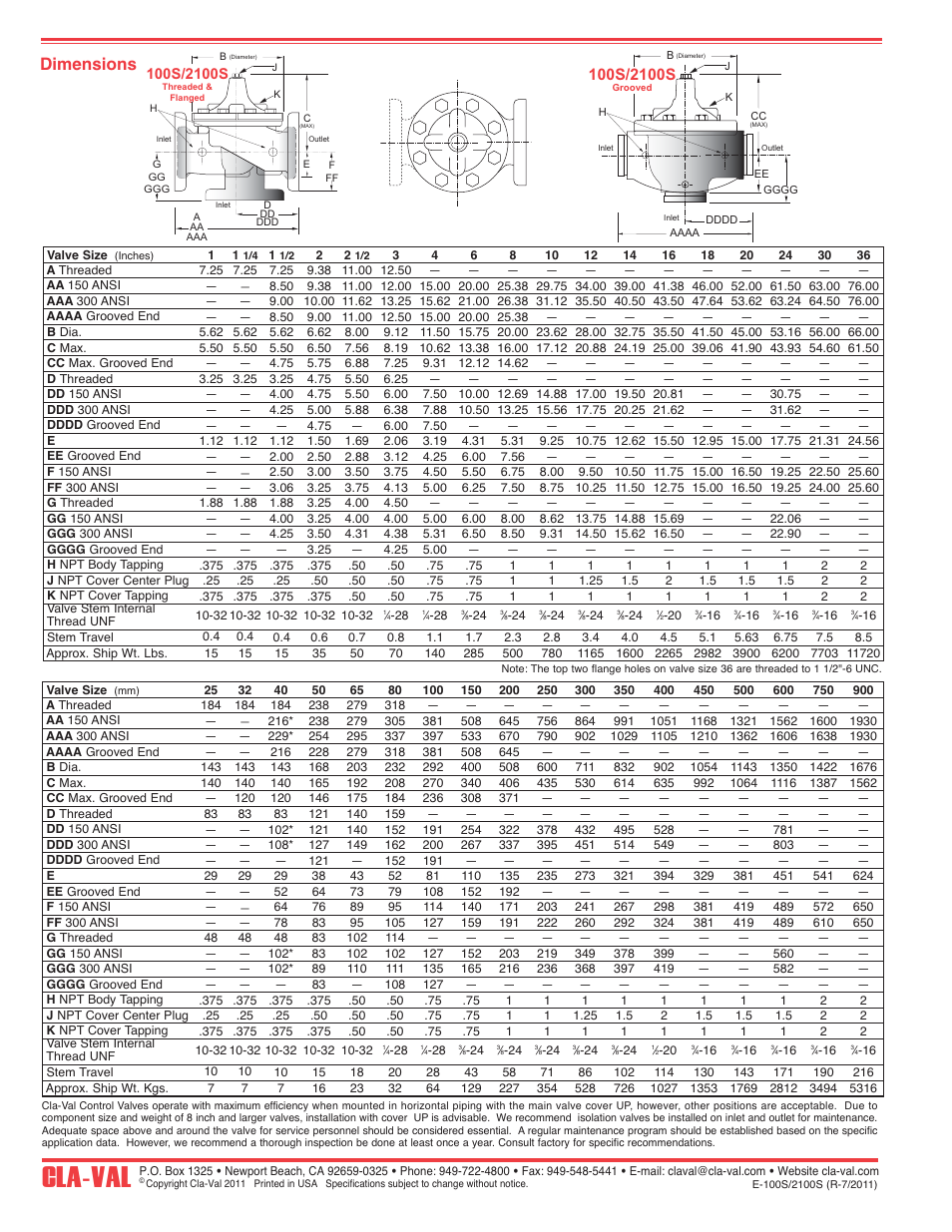 Cla-val, Dimensions | Cla-Val 2100S User Manual | Page 4 / 4