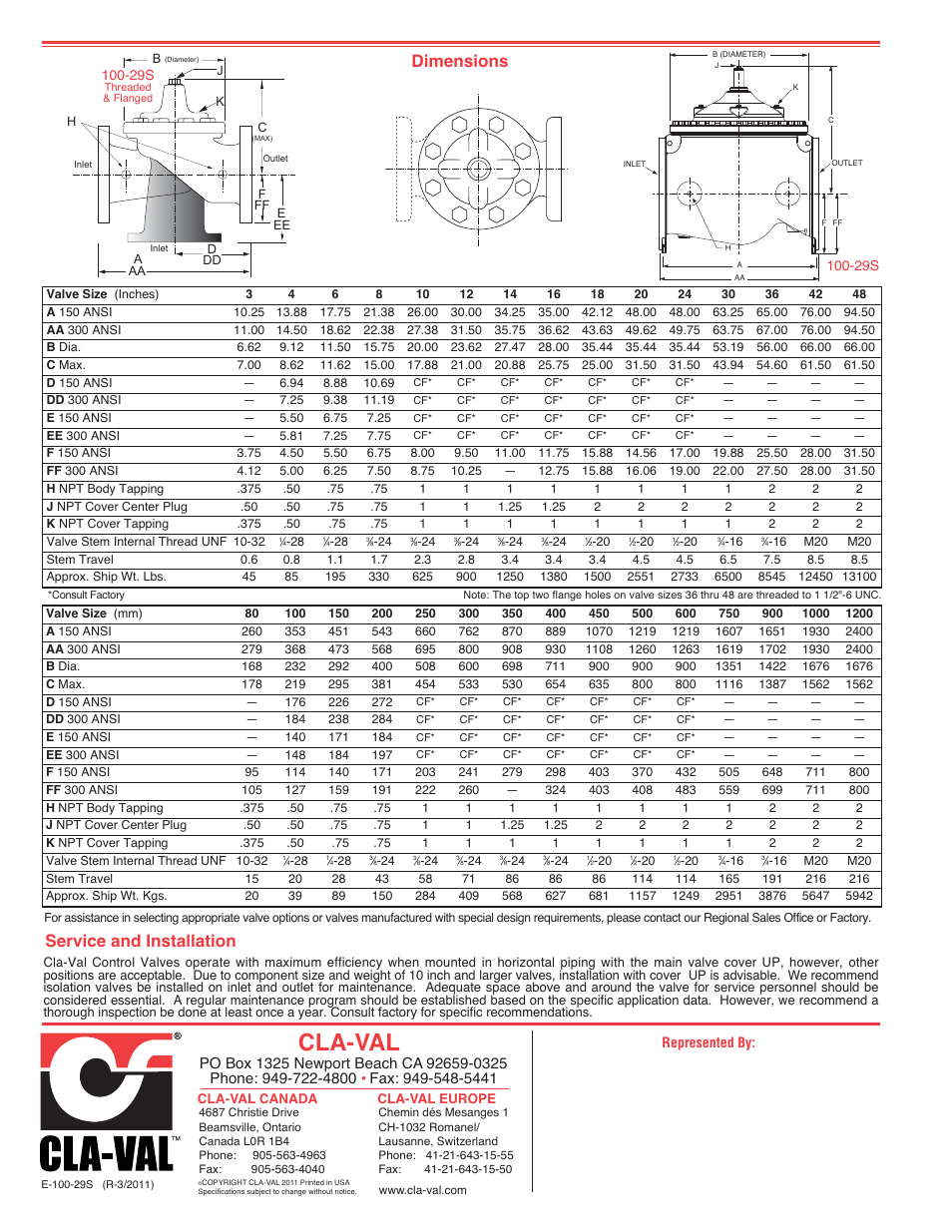 Cla-val, Dimensions service and installation | Cla-Val 100-29S User Manual | Page 4 / 4