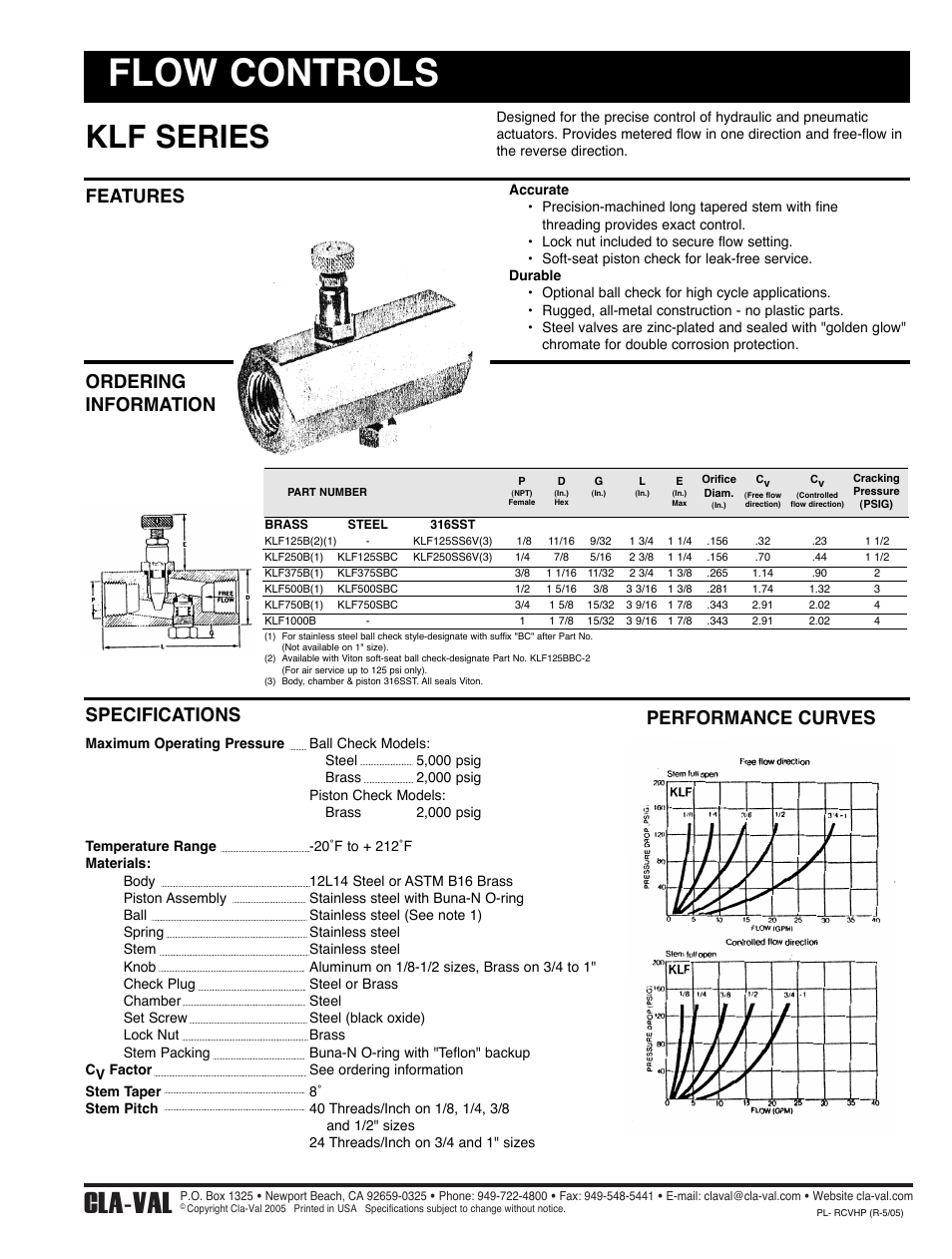 Flow controls, Klf series, Cla-val | Cla-Val 750-60 User Manual | Page 19 / 24