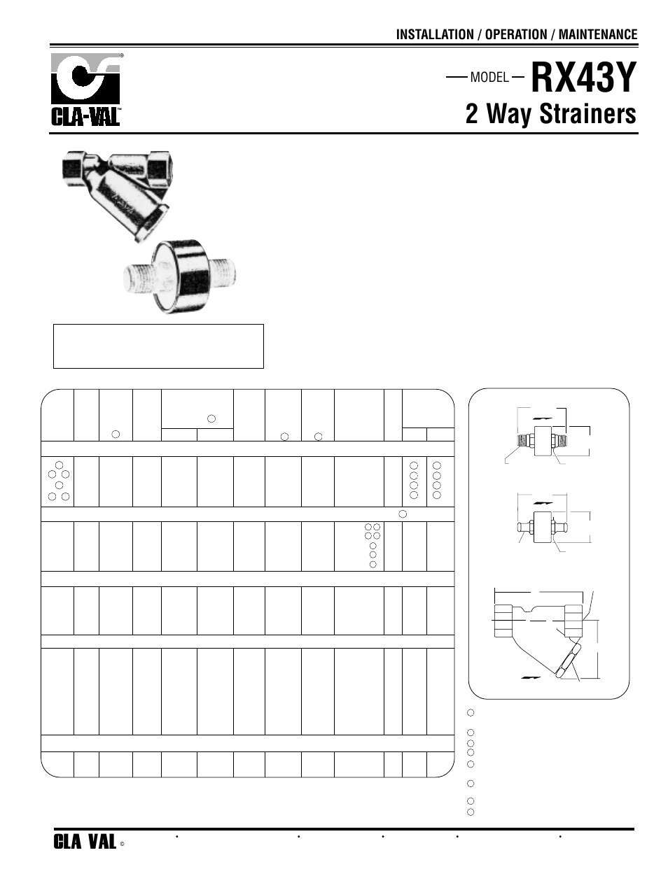 Rx43y, 2 way strainers, Cla - val | Installation / operation / maintenance model, Viton* seals, Specifications dimensions (in inches) | Cla-Val 790-67 User Manual | Page 13 / 22