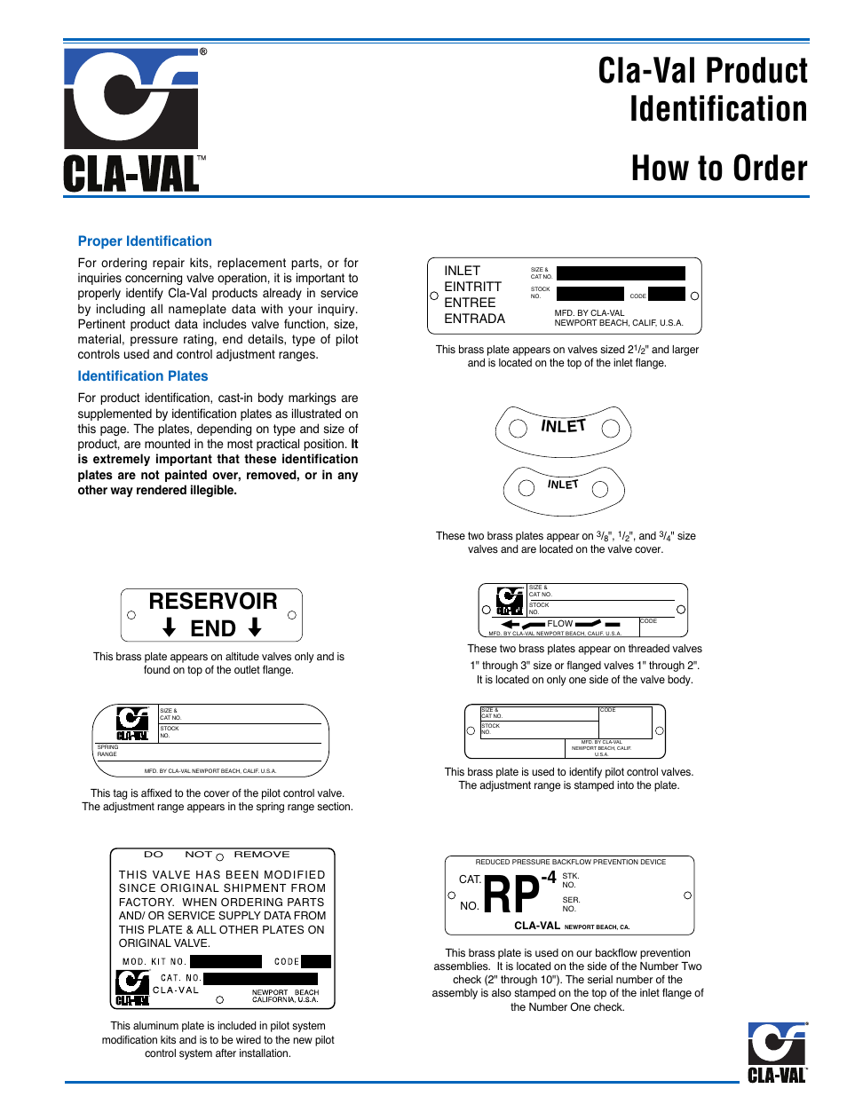 Cla-val product identification, How to order, Reservoir end | Inlet | Cla-Val 790-67 User Manual | Page 19 / 22