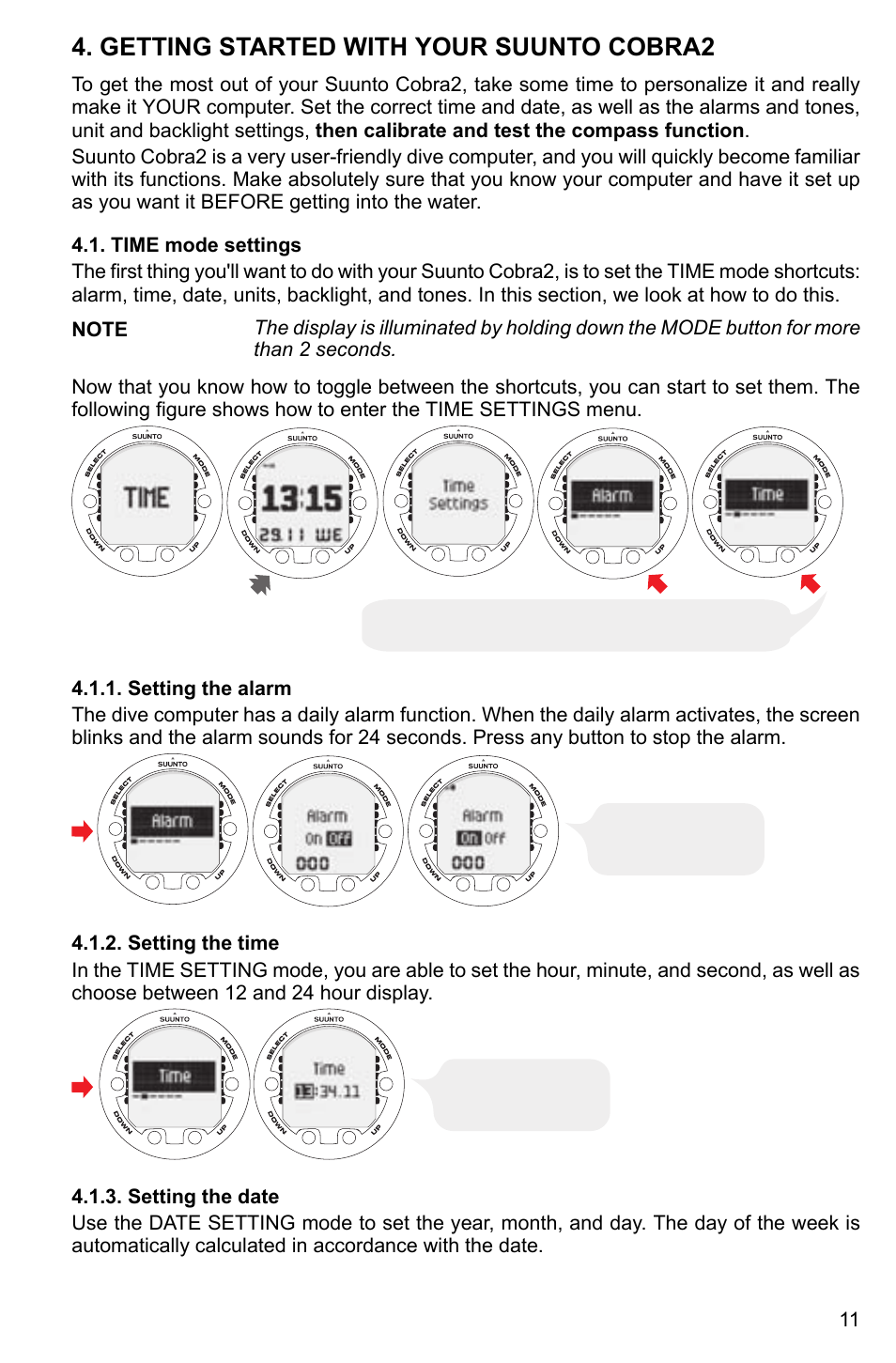 Getting started with your suunto cobra2, Time mode settings, Setting the alarm | Setting the time, Setting the date, 11 4.1.2. setting the time, 11 4.1.3. setting the date | SUUNTO Cobra2 User Manual | Page 11 / 56
