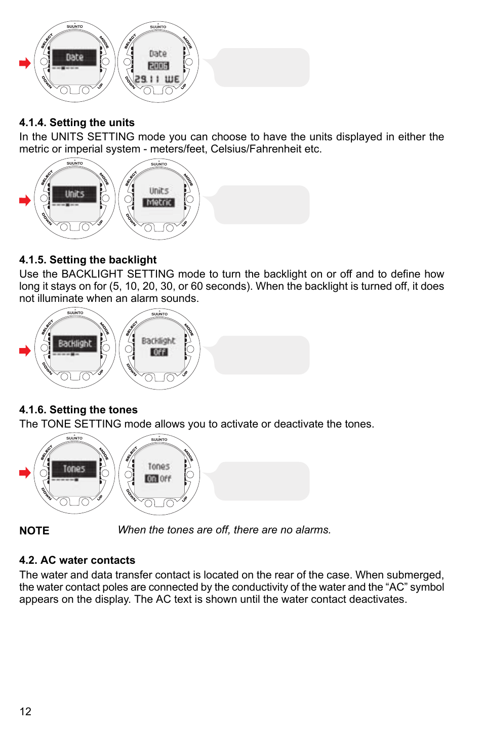 Setting the units, Setting the backlight, Setting the tones | Ac water contacts, 12 4.1.5. setting the backlight, 12 4.1.6. setting the tones | SUUNTO Cobra2 User Manual | Page 12 / 56