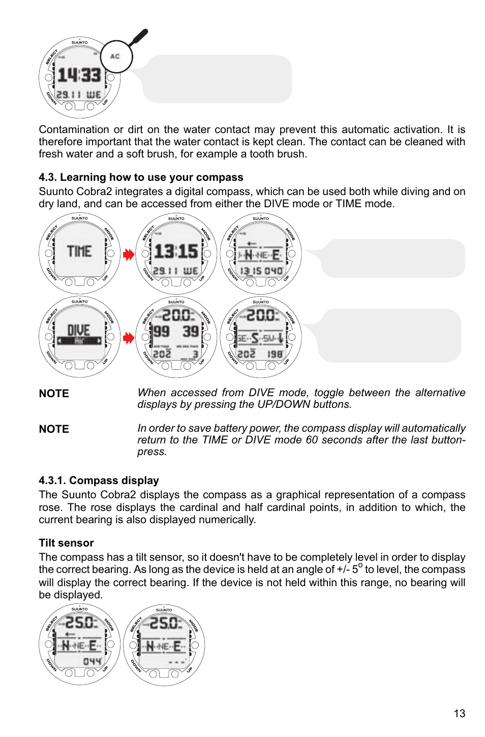 Learning how to use your compass, Compass display, Tilt sensor | SUUNTO Cobra2 User Manual | Page 13 / 56