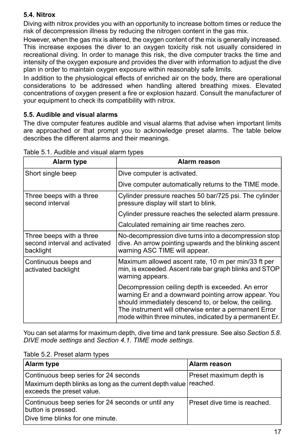 Nitrox, Audible and visual alarms, 17 5.5. audible and visual alarms | SUUNTO Cobra2 User Manual | Page 17 / 56