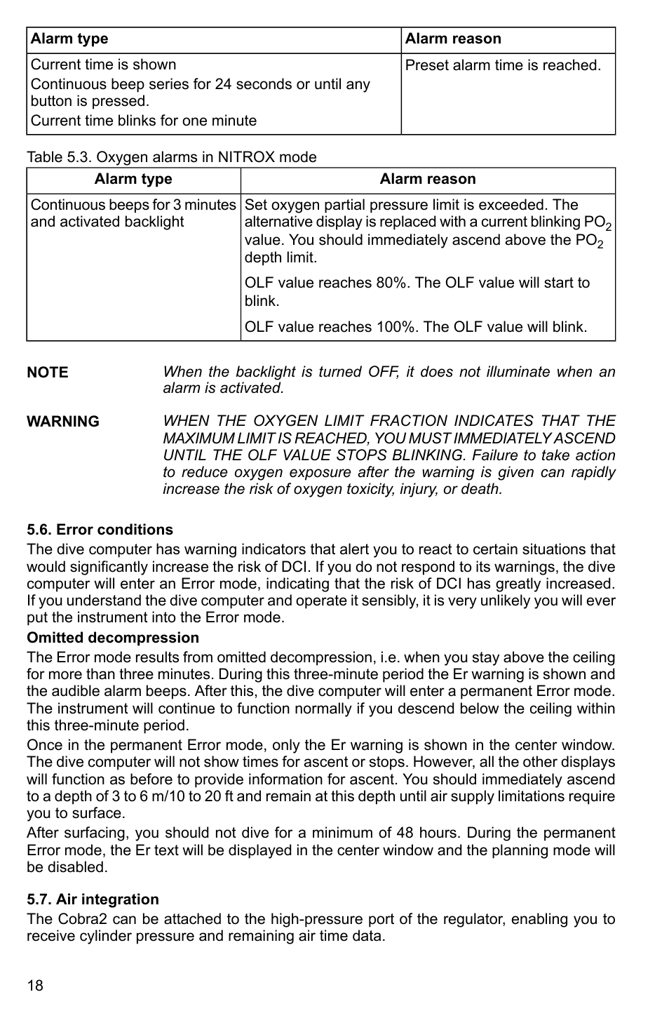 Error conditions, Air integration, 18 5.7. air integration | SUUNTO Cobra2 User Manual | Page 18 / 56