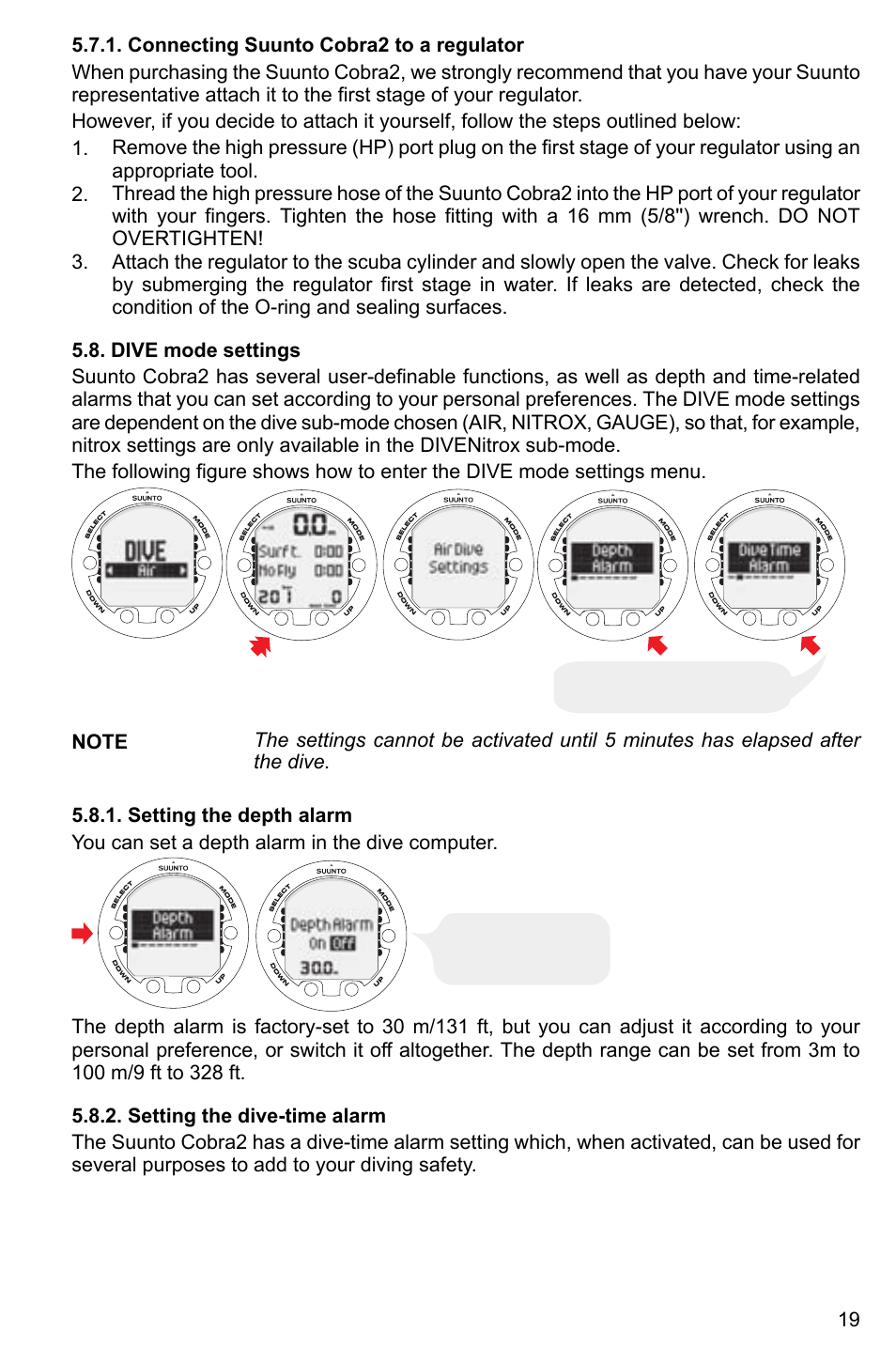 Connecting suunto cobra2 to a regulator, Dive mode settings, Setting the depth alarm | Setting the dive-time alarm, 19 5.8.2. setting the dive-time alarm | SUUNTO Cobra2 User Manual | Page 19 / 56