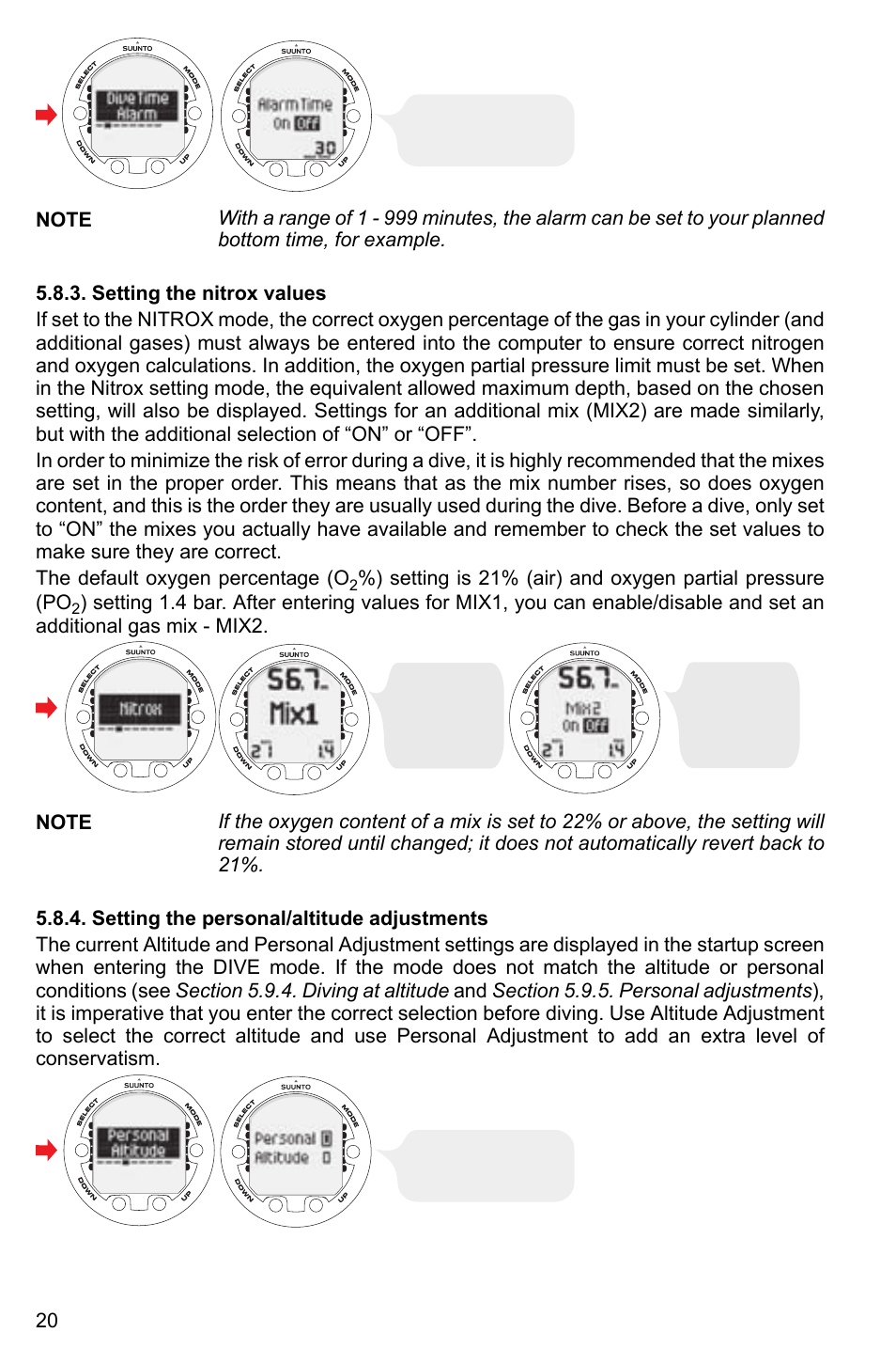 Setting the nitrox values, Setting the personal/altitude adjustments | SUUNTO Cobra2 User Manual | Page 20 / 56