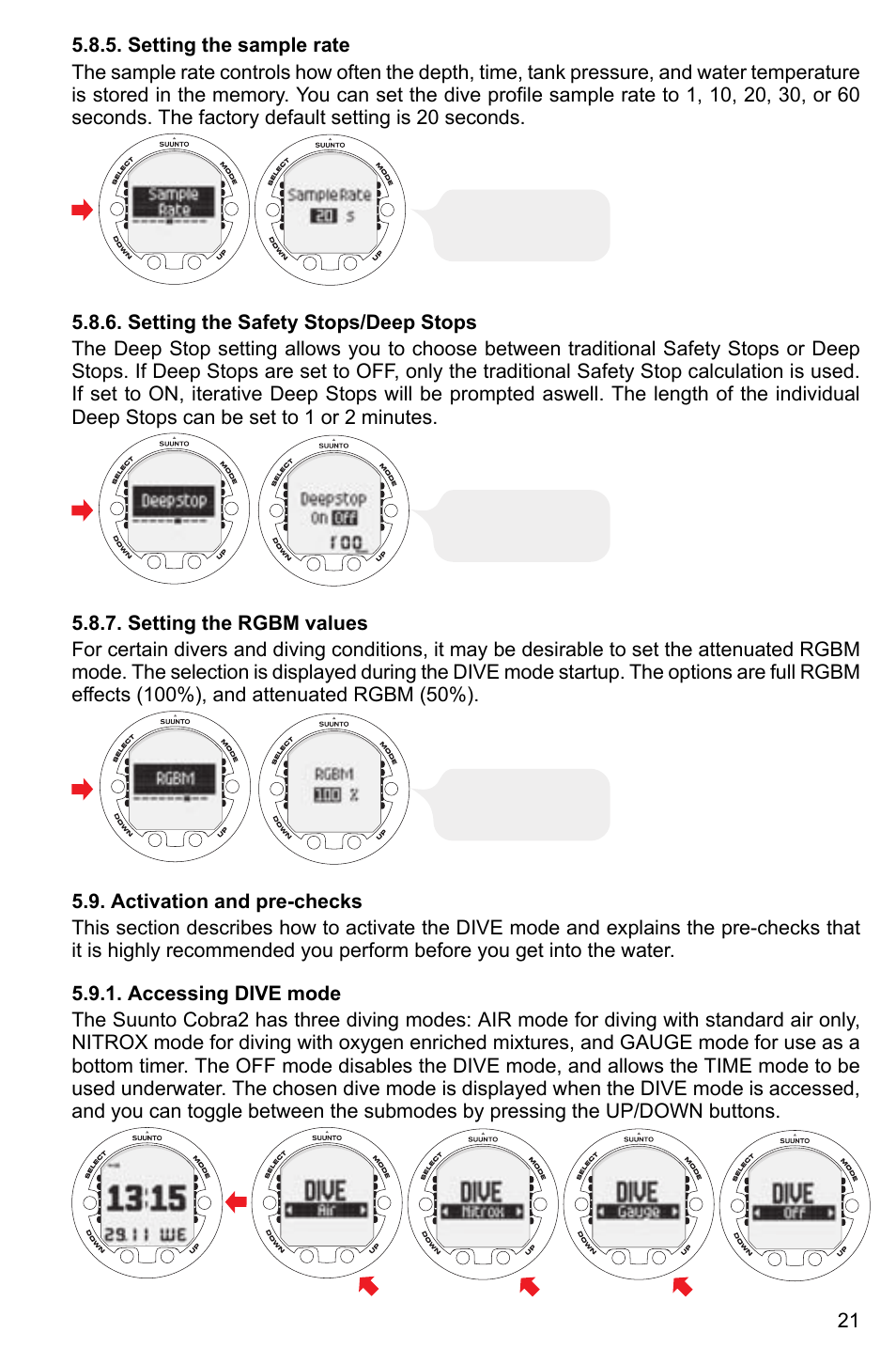 Setting the sample rate, Setting the safety stops/deep stops, Setting the rgbm values | Activation and pre-checks, Accessing dive mode, 21 5.8.6. setting the safety stops/deep stops, 21 5.8.7. setting the rgbm values | SUUNTO Cobra2 User Manual | Page 21 / 56