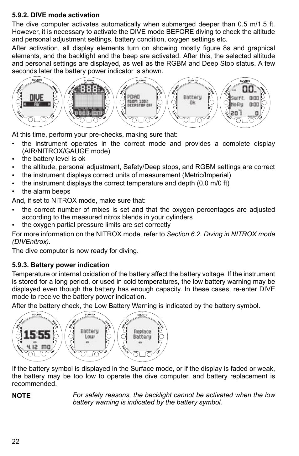 Dive mode activation, Battery power indication, 22 5.9.3. battery power indication | SUUNTO Cobra2 User Manual | Page 22 / 56