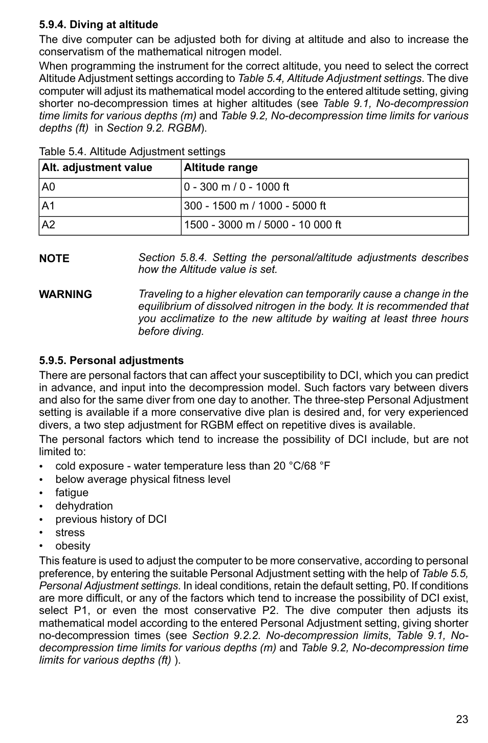 Diving at altitude, Personal adjustments, 23 5.9.5. personal adjustments | SUUNTO Cobra2 User Manual | Page 23 / 56