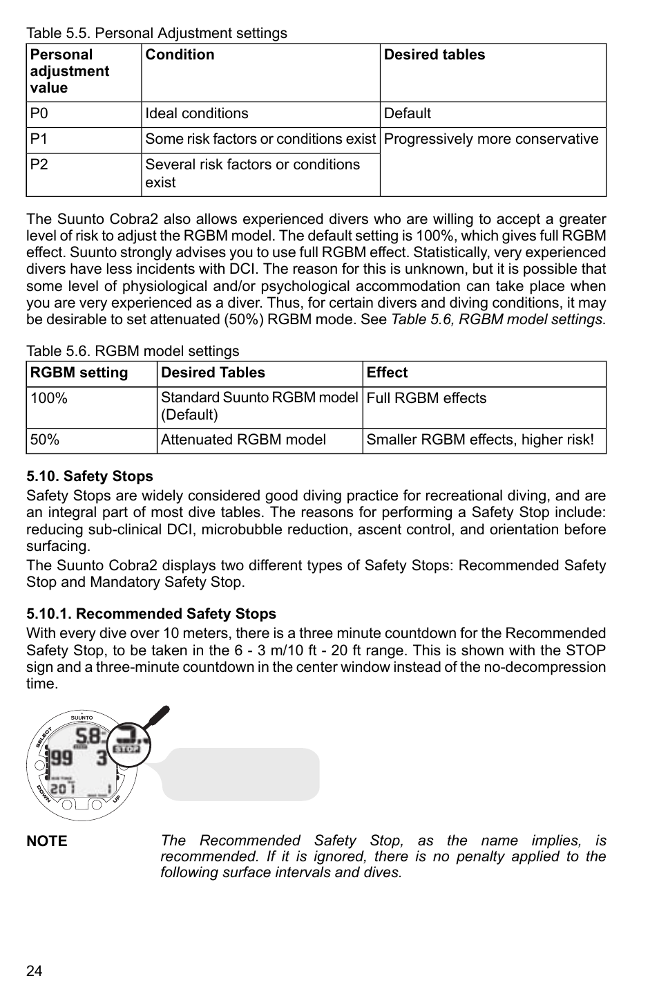 Safety stops, Recommended safety stops | SUUNTO Cobra2 User Manual | Page 24 / 56