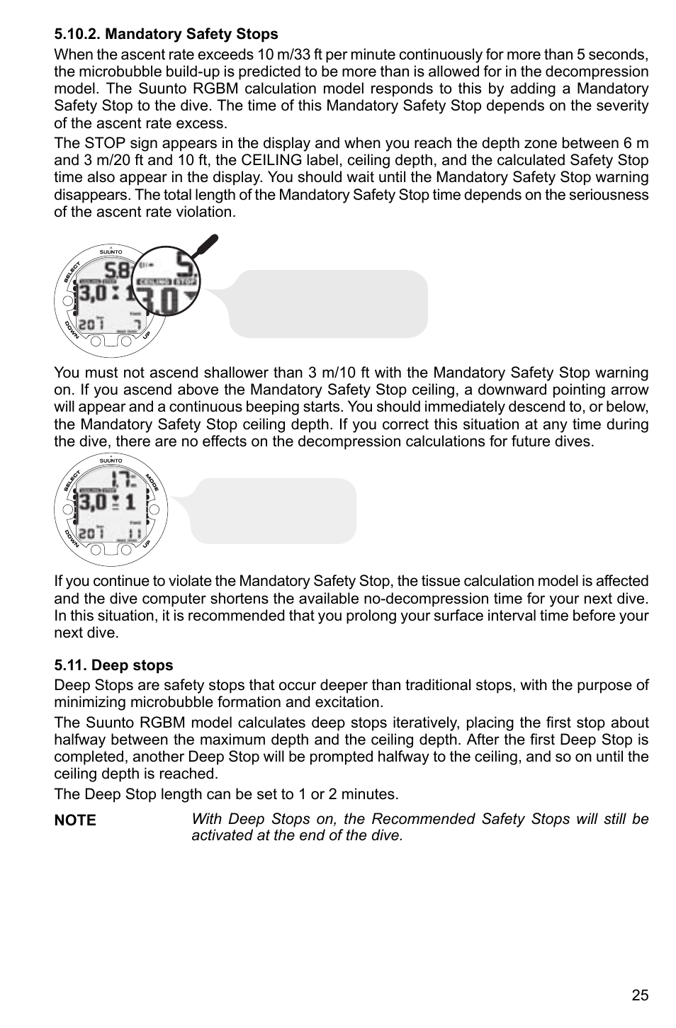 Mandatory safety stops, Deep stops | SUUNTO Cobra2 User Manual | Page 25 / 56