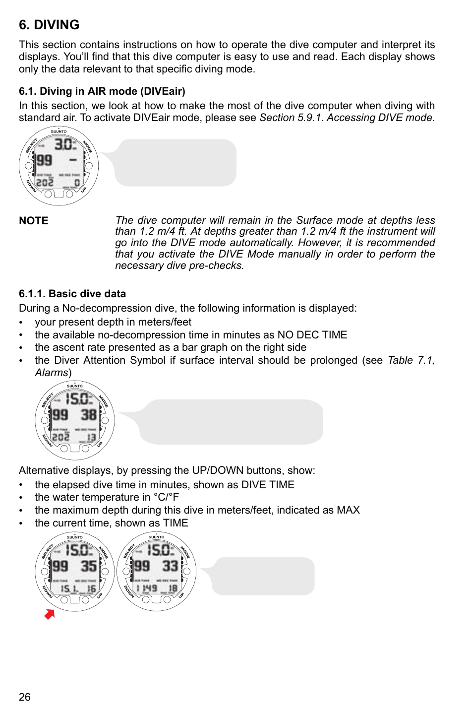 Diving, Diving in air mode (diveair), Basic dive data | SUUNTO Cobra2 User Manual | Page 26 / 56