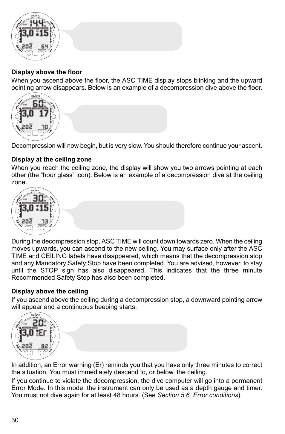 Display above the floor, Display at the ceiling zone, Display above the ceiling | SUUNTO Cobra2 User Manual | Page 30 / 56