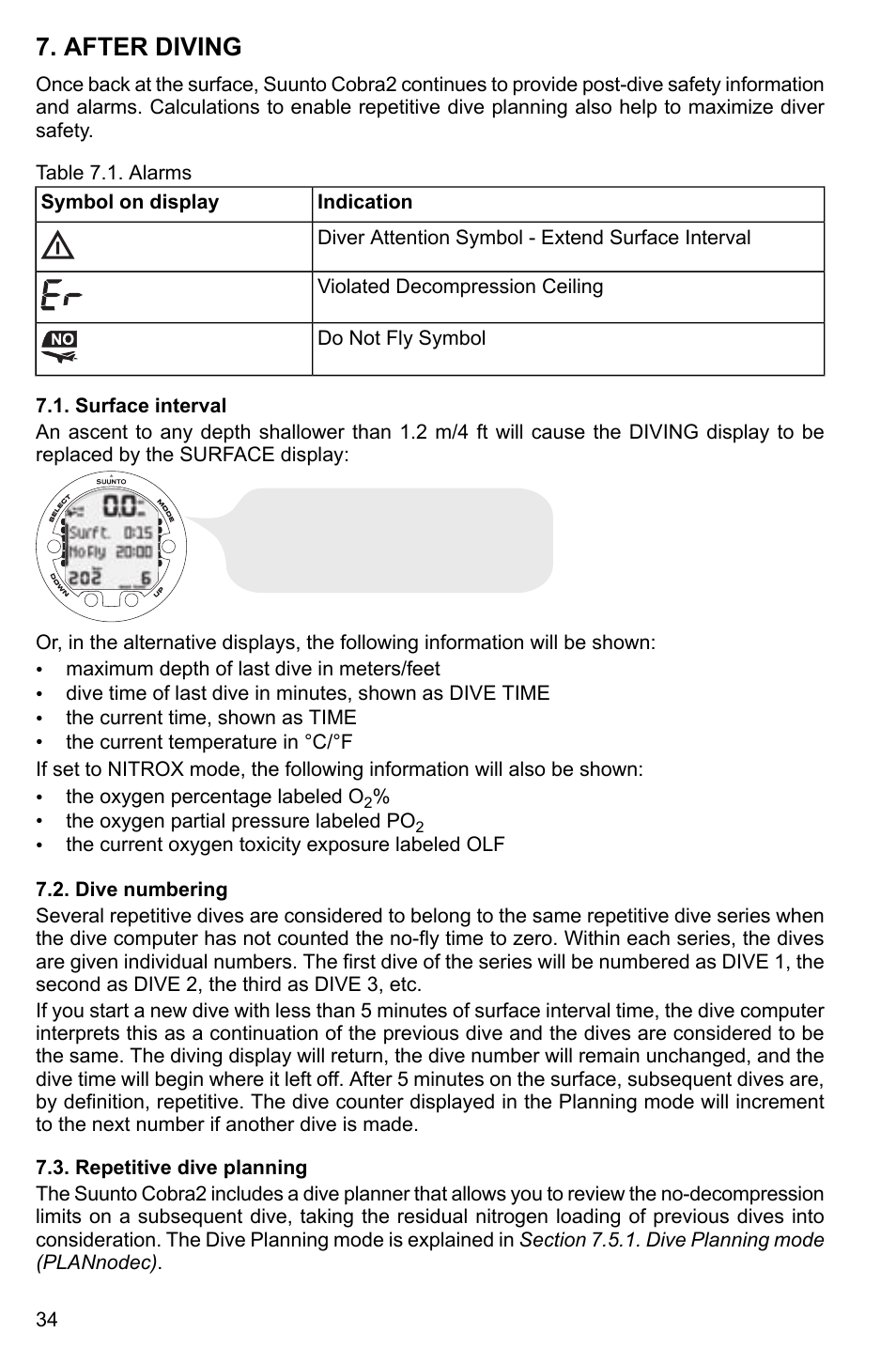 After diving, Surface interval, Dive numbering | Repetitive dive planning, 34 7.2. dive numbering, 34 7.3. repetitive dive planning | SUUNTO Cobra2 User Manual | Page 34 / 56