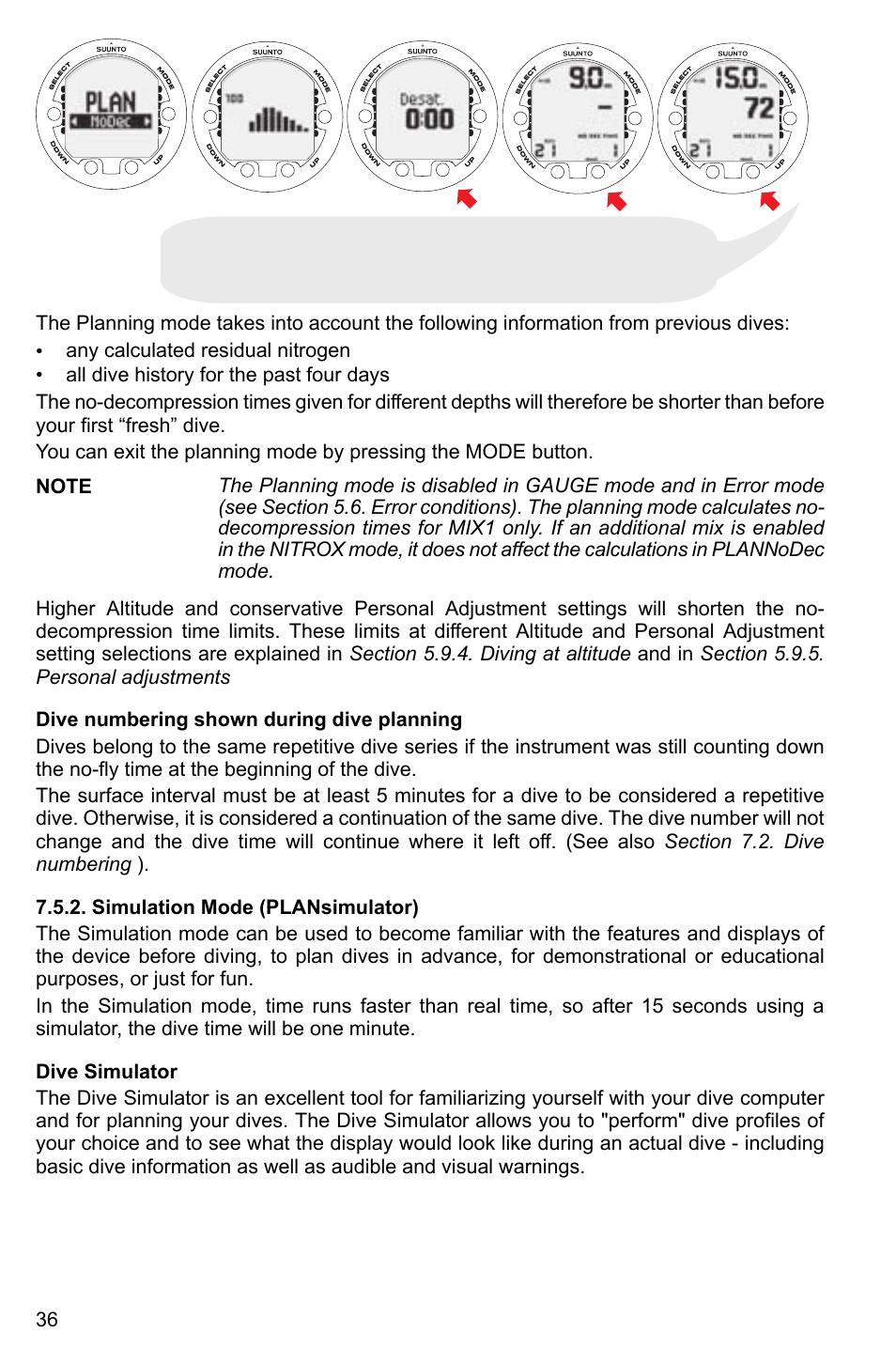 Dive numbering shown during dive planning, Simulation mode (plansimulator), Dive simulator | SUUNTO Cobra2 User Manual | Page 36 / 56