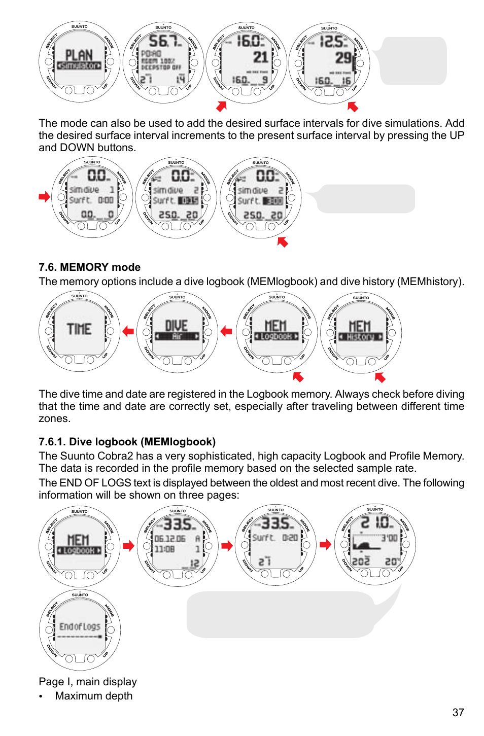 Memory mode, Dive logbook (memlogbook) | SUUNTO Cobra2 User Manual | Page 37 / 56