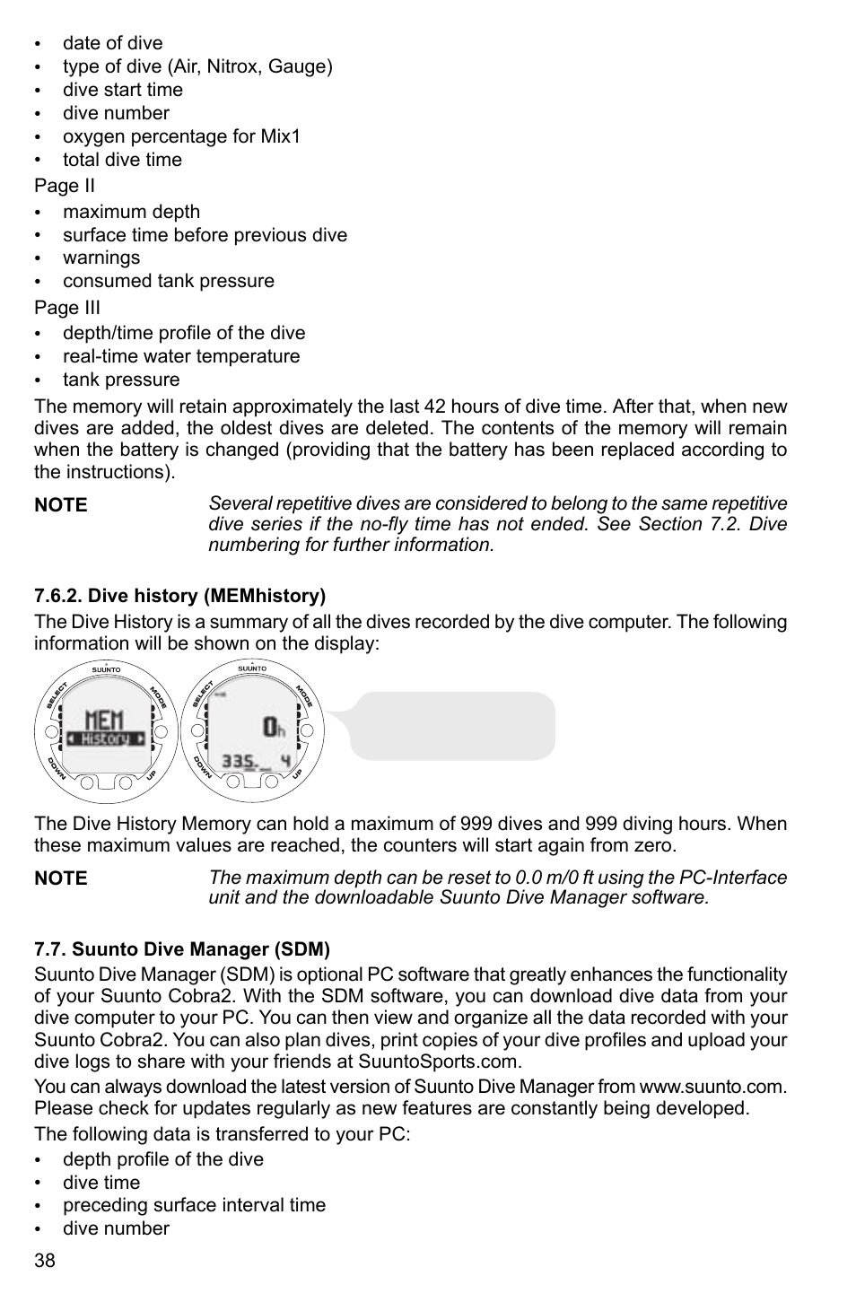 Dive history (memhistory), Suunto dive manager (sdm) | SUUNTO Cobra2 User Manual | Page 38 / 56